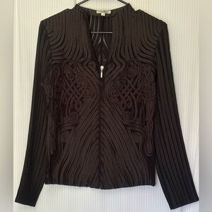 Bellissima Blouse Top Zipper Front V Neck Long Sleeve Fabric Detailed Semi Sheer